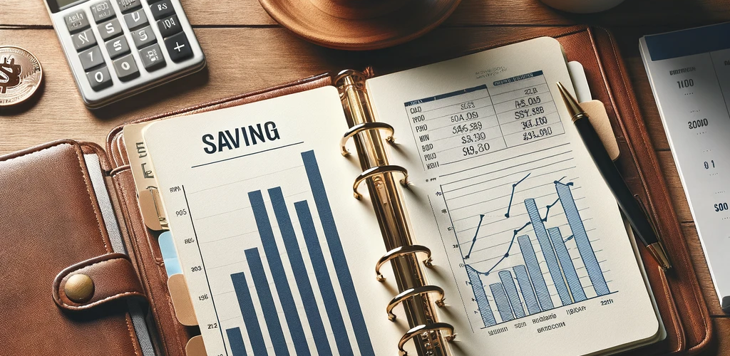 Mesa con planificador abierto, bolígrafo, calculadora y gráfico de barras de tendencias de ahorro, junto a una taza de café y planta pequeña, simbolizando la productividad en la planificación financiera."