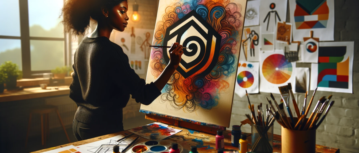 "Artista dibujando un logotipo colorido en su estudio, rodeado de bocetos y paletas de colores."