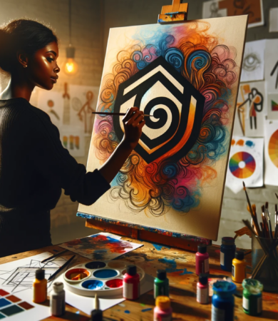"Artista dibujando un logotipo colorido en su estudio, rodeado de bocetos y paletas de colores."